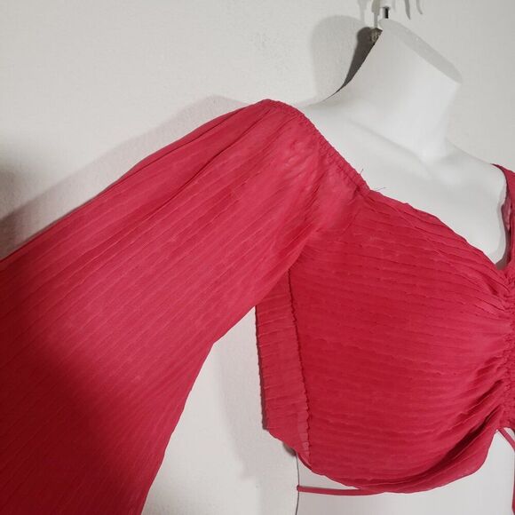 Zara women's Crop Top Large Hot Pink Ruched Sheer Fairy Ruffles Boho Hippie - Picture 3 of 7
